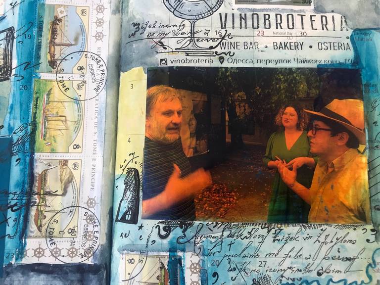 Pages from the author’s notebook; left to right on inset photo, Slavoj Žižek, Ukrainain artist Sophia Bulgakova, and the author 