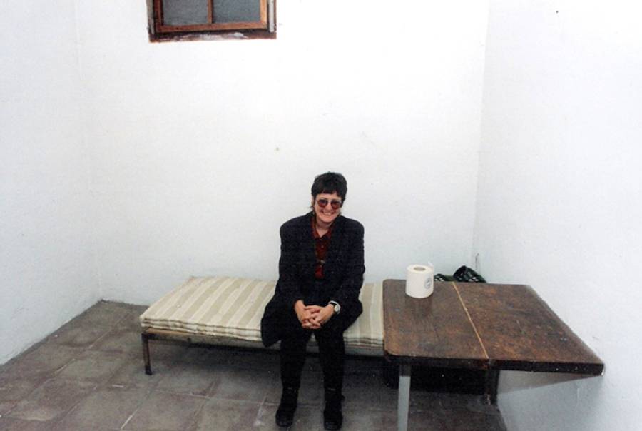 The author returning to the jail cell in Braunau am Inn, Austria, where she spent a night 25 years earlier. (Photo courtesy of the author)