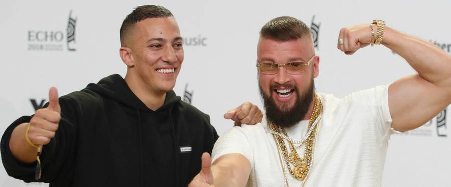 Kollegah and Farid Bang arrive for the Echo Award at Messe Berlin on April 12, 2018 in Berlin, Germany.