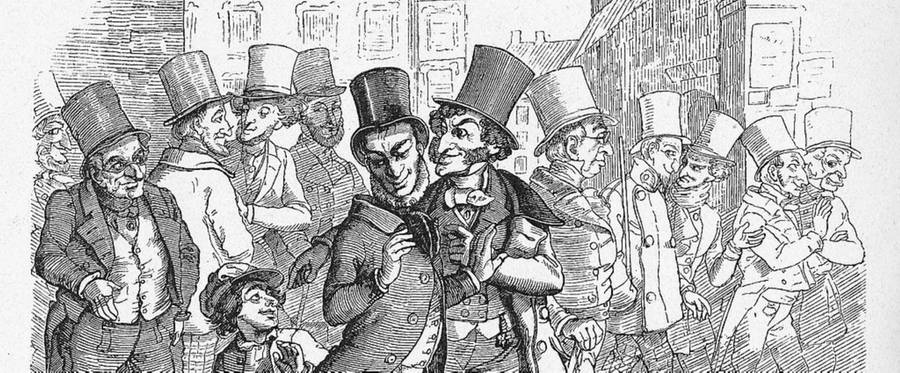 Caricature of Jewish stock-exchange speculators which appeared in the German satirical magazine 'Fliegende Blätter' in 1851. The caption reads, "Herr Baron, that lad's stealing your handkerchief!" "Let him go, we once had to start in a small way, too."