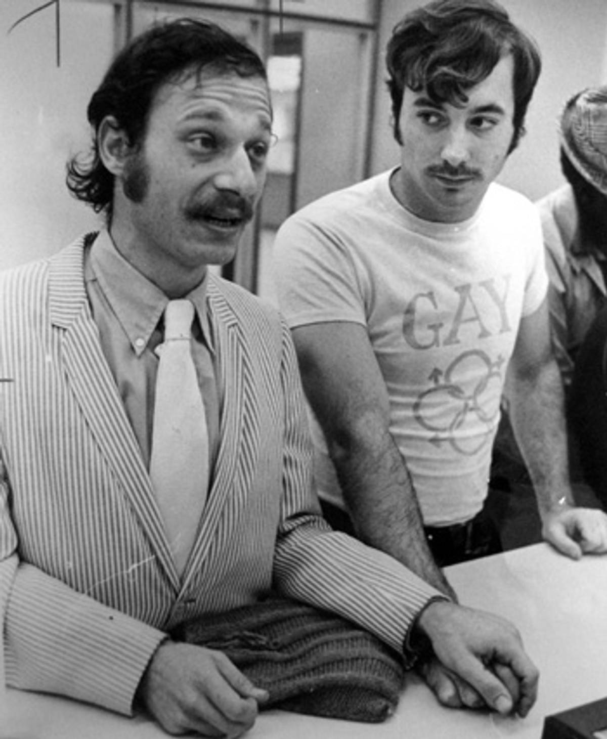 Faygele ben Miriam (left), then known as John Singer, applies for a marriage license with Paul Barwick at the King County Administration Building in Seattle in 1971