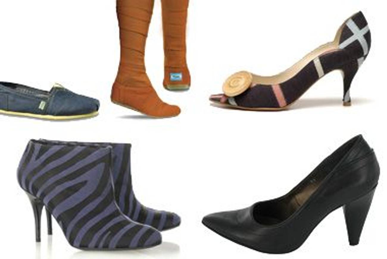 Clockwise from top left: Toms, Moo Shoes, Moo Shoes, Net-a-Porter