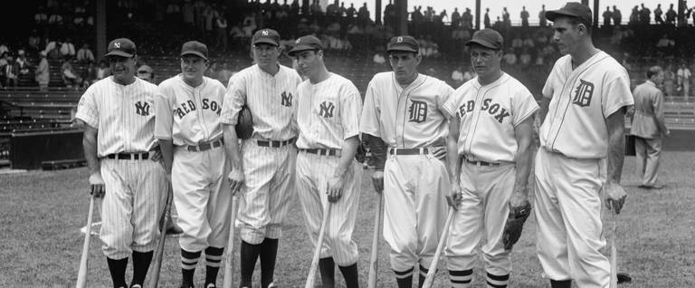 Seven of the American League's 1937 All-Star players, from left to right Lou Gehrig, Joe Cronin, Bill Dickey, Joe DiMaggio, Charlie Gehringer, Jimmie Foxx, and Hank Greenberg. All seven were eventually elected to the Hall of Fame.