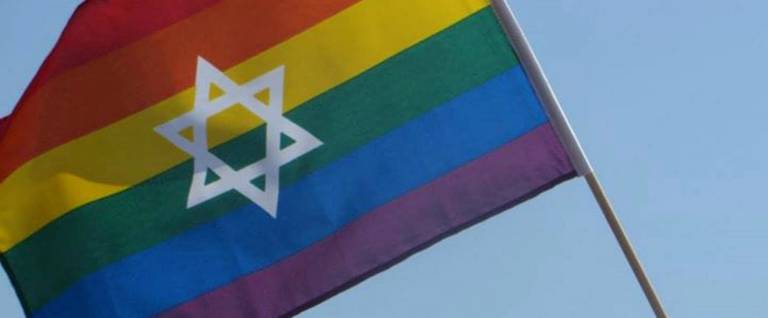 The Gay Pride flag with a Magen David.