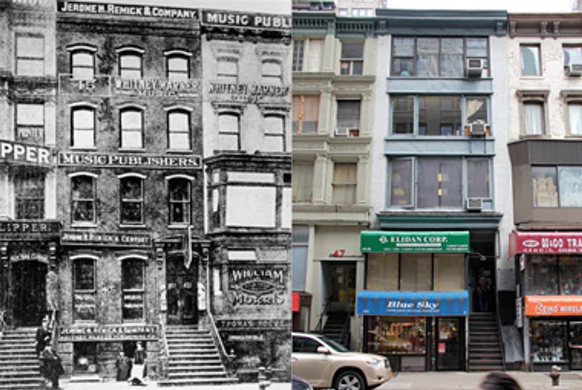 Tin Pan Alley in 1905 and today.(Hulton Archive/Getty Images; Len Small/Tablet Magazine)