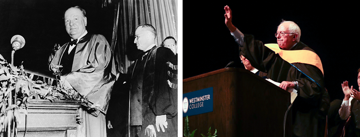Westminster College in Fulton, Missouri. Left: 1946, Winston Churchill with Harry Truman. (Popperfoto/Getty Images). Right: Bernie Sanders, 2017 (Courtesy Westminster College).