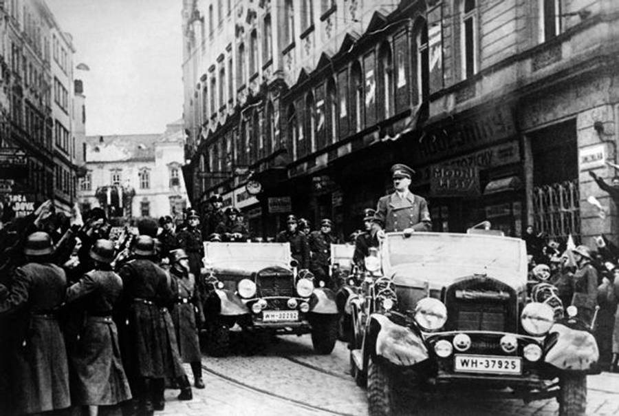 German Nazi Chancellor Adolf Hitler and his army parade in Prague on March 15, 1939, the day of the invasion of Czechoslovakia by the Wehrmacht
