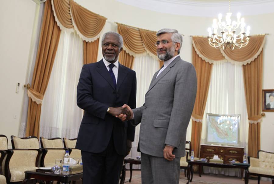 Special envoy Kofi Annan and Iran nuclear negotiator Saeed Jalili earlier this week.(Atta Kenare/AFP/GettyImages)