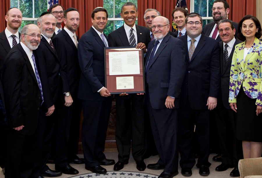 President Barack Obama photographed with Orthodox Jewish leaders in the Oval Office, June 5, 2012. (Pete Souza)