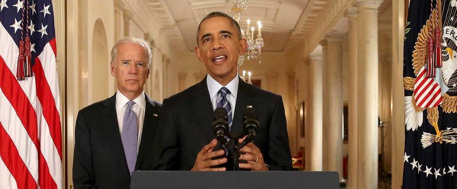 President Barack Obama, standing with Vice President Joe Biden, conducts a press conference in the East Room of the White House in response to the Iran Nuclear Deal, on July 14, 2015 in Washington, DC.