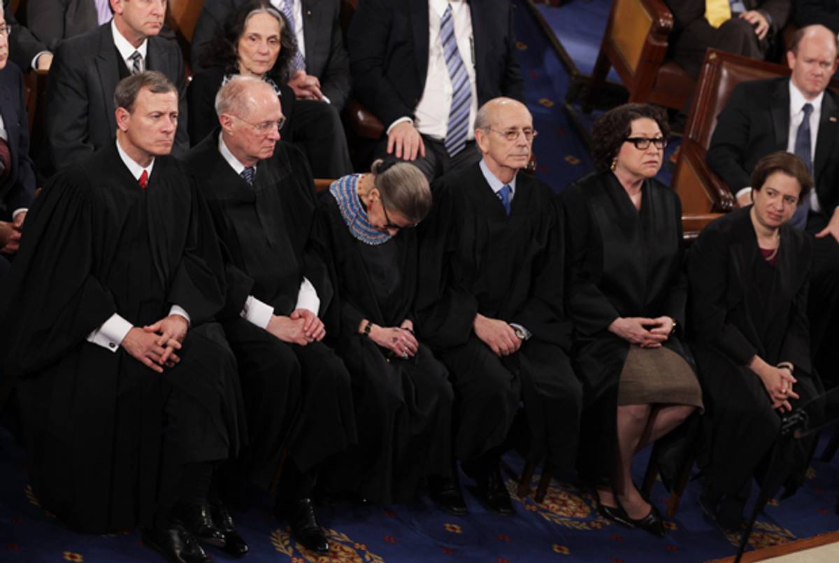 U.S. Supreme Court Chief Justice John Roberts, with Justices Anthony Kennedy, Ruth Bader Ginsburg, Stephen Breyer, Sonia Sotomayor, and Elena Kagan during the President Obama's State of the Union address on January 20, 2015 in Washington, D.C. (Alex Wong/Getty Images)