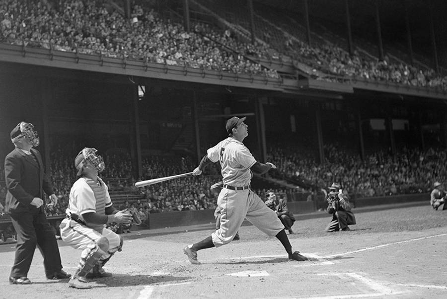 Hank Greenberg hitting a third-inning homer against the Philadelphia Phillies, April 29, 1947.