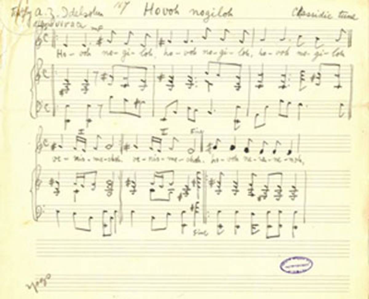 Idelsohn’s manuscript sketch of ‘Hava Nagila’ arranged for voice and piano.  (Courtesy of the National Library of Israel.)