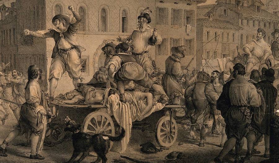'The Great Plague of Milan,' 1630; a scene from Manzoni's 'I promessi sposi.' Lithograph by G. Gallina after A. Manzoni.