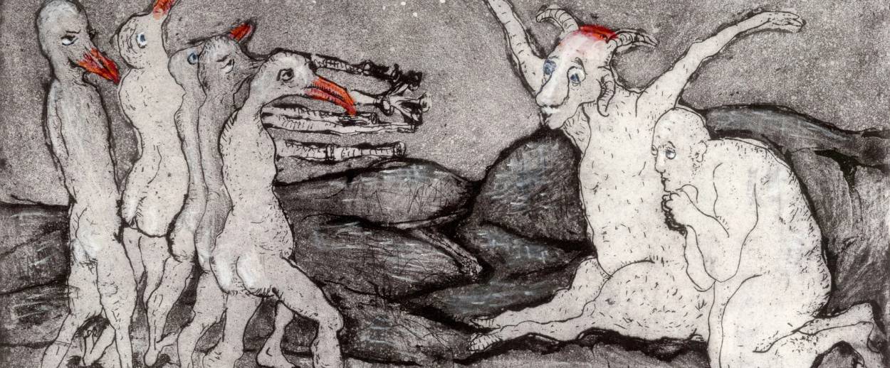 Leora Wise, "The Scapegoat," colored etching, 2015, Parshat "Achrei Mot" for Women of The Book 