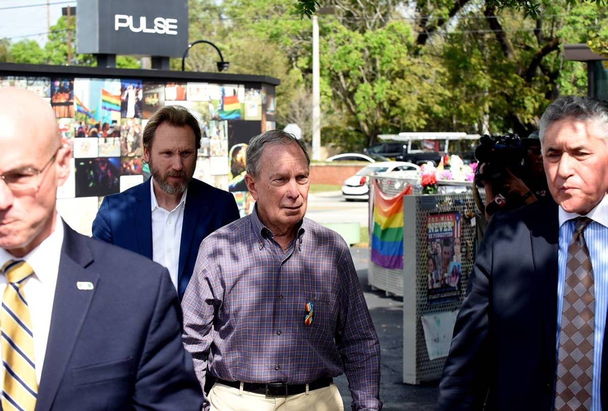 Former New York Mayor Mike Bloomberg at the Pulse memorial with Fred and Maria Wright, whose son Jerry Wright was killed during the Pulse shooting, March 3, 2020 (Photo: Paul Hennessy/NurPhoto via Getty Images)