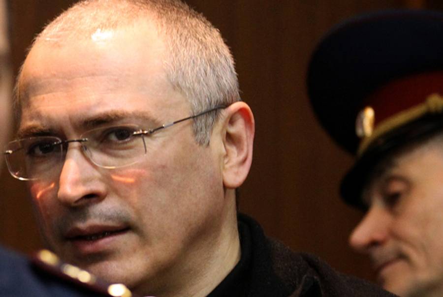 Mikhail Khodorkovsky arriving at the courtroom in Moscow on May 17, 2011.(SAZONOV/AFP/Getty Images)