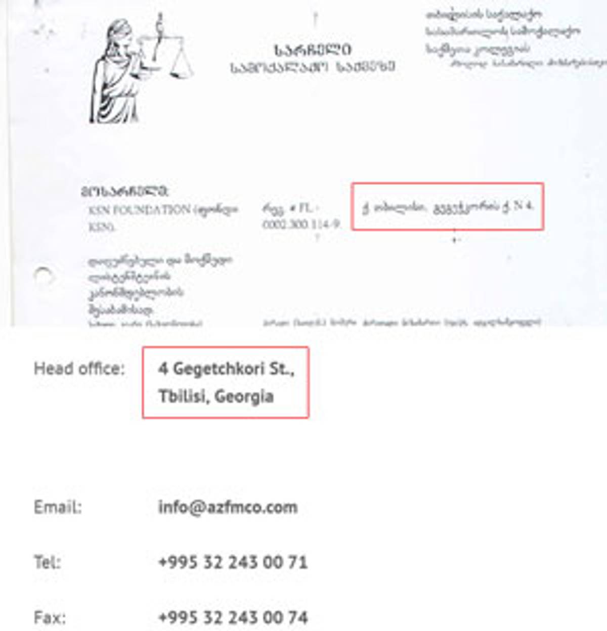 The first page of the lawsuit brought by KSN Foundation against Capital Bank JSC principal shareholder, showing Gegetchkori Street 4, the same as Azeri Fund’s website, as their registered address.