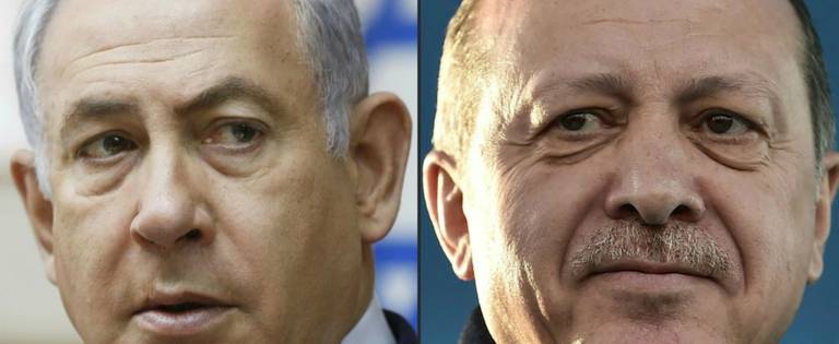 Israel's Prime Minister Benjamin Netanyahu, left, and Turkish President Recep Tayyip Erdoğan, right, in photos from 2017