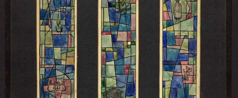 Design drawing for stained glass window with Yom Kippur; Sukkot; Simchat Torah. Jewish holy days on mid-grid.
