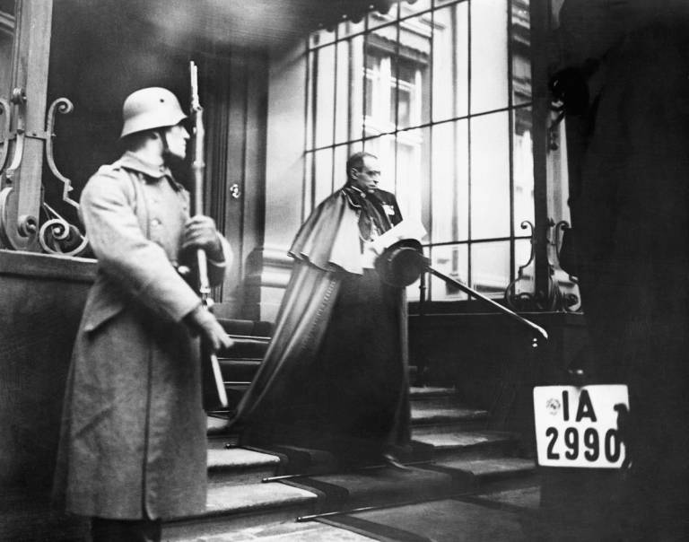 Eugenio Pacelli, the future Pope Pius XII, leaves the presidential palace in Berlin, 1929