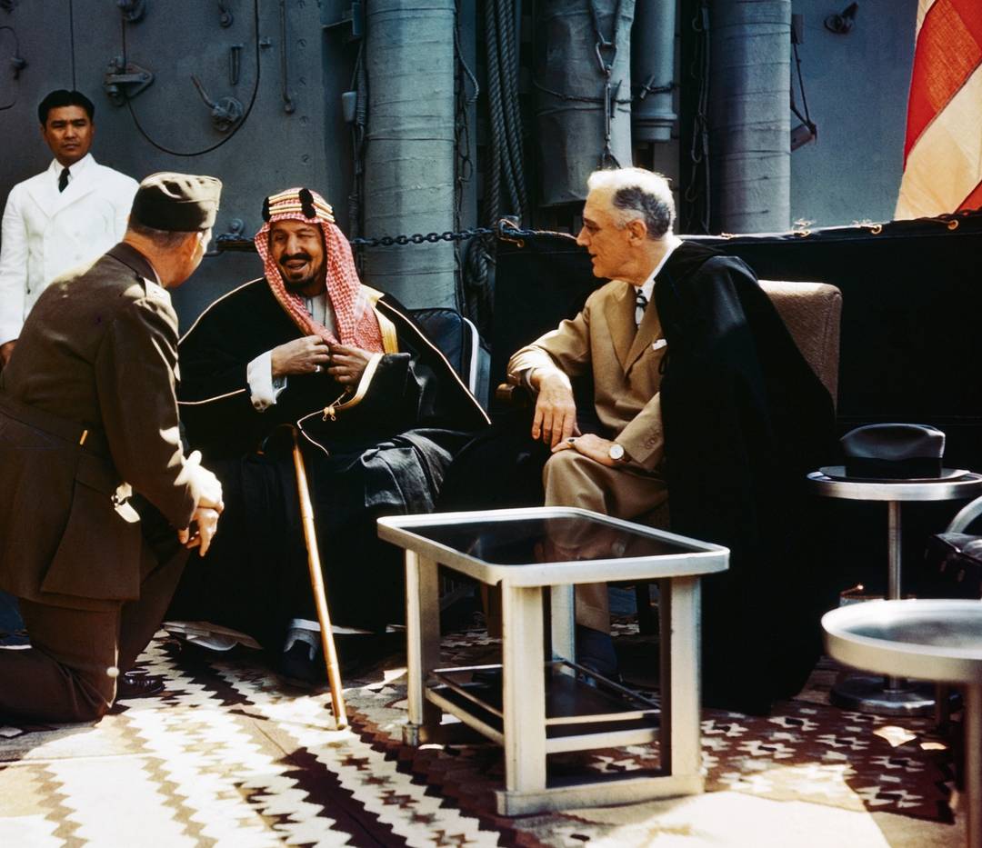 President Franklin Roosevelt met King Abdul Aziz Al Saud aboard American warship the USS Quincy, Valentine's Day 1945