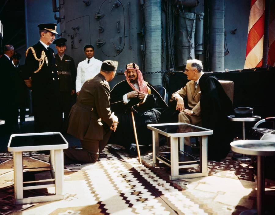 President Franklin Roosevelt met King Abdul Aziz Al Saud aboard American warship the USS Quincy, Valentine's Day 1945