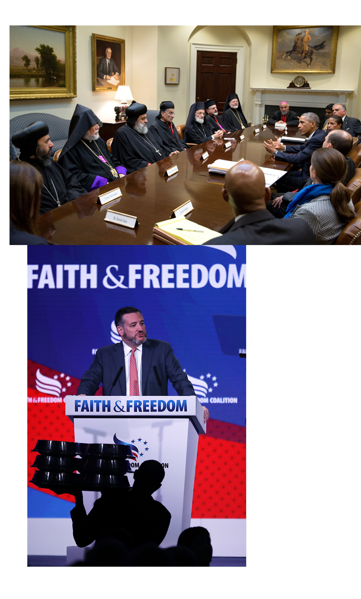 U.S. President Barack Obama meets with Lebanese Cardinal Bechara Rai and other religious leaders at the White House, 2014; U.S. Sen. Ted Cruz at the Faith and Freedom Coalition's Road to Majority Policy Conference, 2019