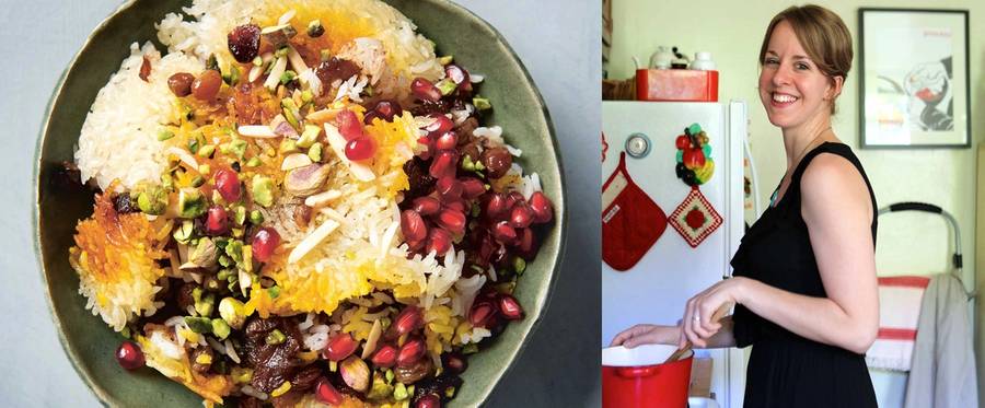 Leah in her kitchen, and Jeweled Rice, one of the recipes featured in her new book.