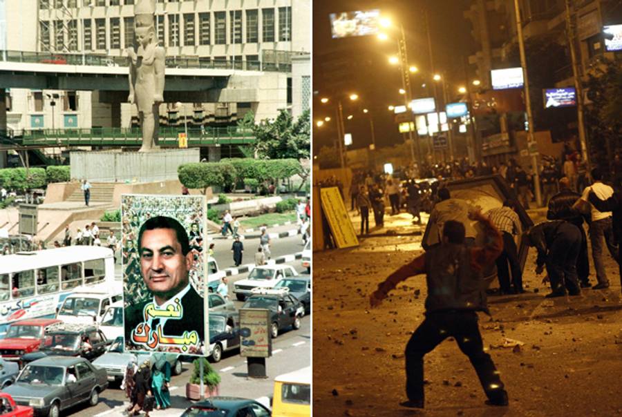 At left, a poster of Egyptian President Hosni Mubarak in Cairo in September 1999, in front of a statue of Ramses II. At right, members of the Muslim Brotherhood and supporters of Egyptian President Mohammed Morsi clash with anti-Morsi demonstrators in Cairo on Dec. 5, 2012.(Left: Mohammed Al-Sehitit/AFP/Getty Images; right: Mahmoud Khaled/AFP/Getty Images)