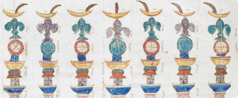 A depiction of a menorah, surrounded by foliate scrolls inhabited by hybrids, at the end of the Pentateuch. Italy, last quarter of the 13th century.