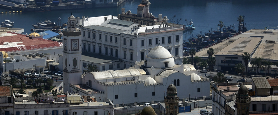 A general view taken on April 16, 2014 shows The Great Synagogue of Oran (C-white) in Algiers which was confiscated and converted into a mosque in 1975. The Great Synagogue of Oran, now called the Mosque Abdellah Ben Salem, was one of at least seventeen synagogues confiscated by the Algerian government.