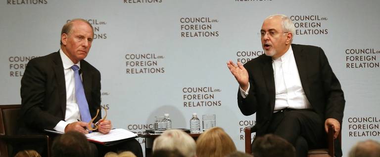Iranian Foreign Minister Javad Zarif (right) discusses current developments in the Middle East with Richard N. Haass at the Council on Foreign Relations (CFR) on July 17, 2017 in New York City.
