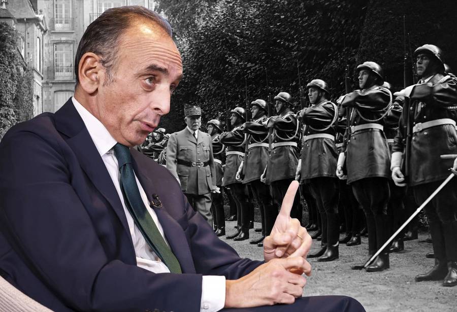 French Jewish political journalist Eric Zemmour answers a question during a Bloomberg Television interview in London on Nov. 19, 2021, days before he announced his 2022 presidential campaign. In black and white, Marshal Pétain walks past the mounted police honor guard, circa 1940 in France. Zemmour has claimed that the Vichy regime acted to protect rather than persecute Jews.