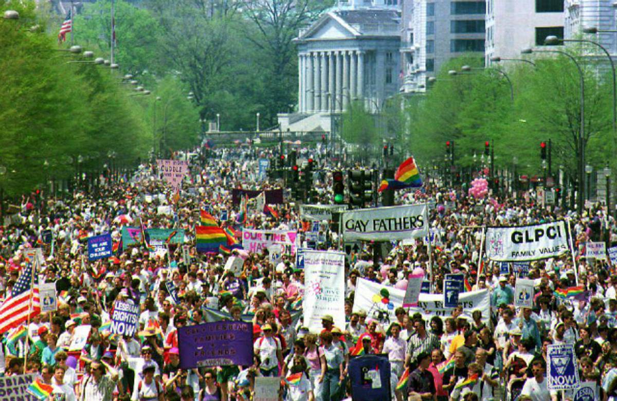 Demonstrators call for lesbian, gay and bisexual equal rights in Washington, D.C., on April 25, 1993 (PAUL RICHARDS/AFP/Getty Images)