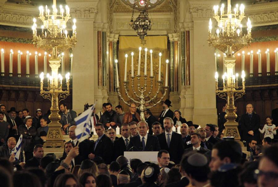 Israel's Prime Minister Benjamin Netanyahu speaks during a ceremony at the Grand Synagogue in Paris, on January 11, 2015, for all the victims of the attacks in Paris this week, which claimed 17 lives.(MATTHIEU ALEXANDRE/AFP/Getty Images)