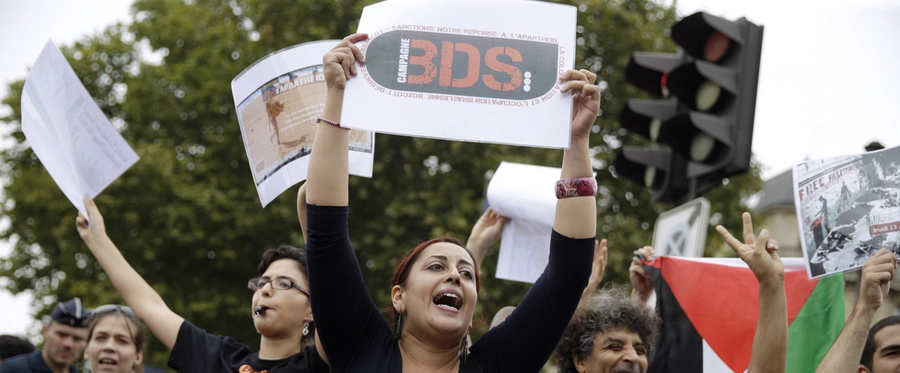 A Pro-Palestinian protestor holds a placard reading "BDS" during a gathering on the sidelines of "Tel Aviv Sur Seine", a beach event celebrating Tel Aviv, in central Paris on August 13, 2015.