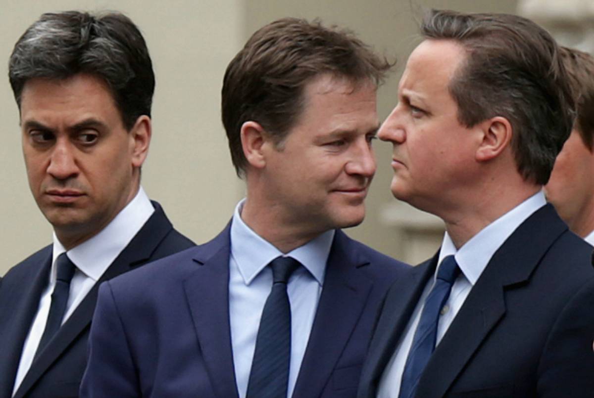 Ed Miliband (L), Liberal Democrat leader Nick Clegg, and Prime Minister David Cameron in London on May 8, 2015. (Chip Somodevilla/Getty Images)
