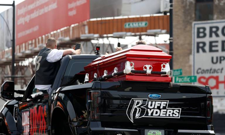 DMX’s casket on a monster truck on Brooklyn’s Flatbush Avenue outside the Barclays Center where a private memorial was held on April 24, 2021