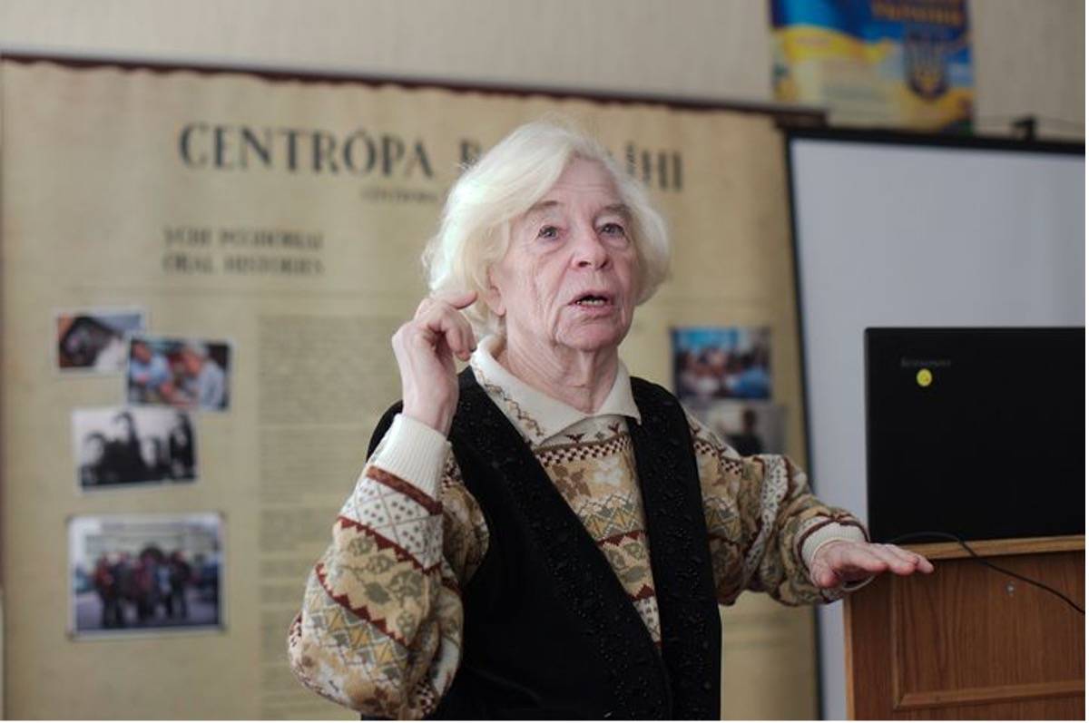 ‘Hi, Ed! Here is Nina Kotelenets, from village Sukhopolova, near Priluki. She is Ukrainian, witness of Holocaust in Sukhopolova. She recalled the tragic events in her village. If you can, you should interview her. Flowers were given to Nina by pupils of Sukhopolova school. Feel free to share this with anyone you wish.’
