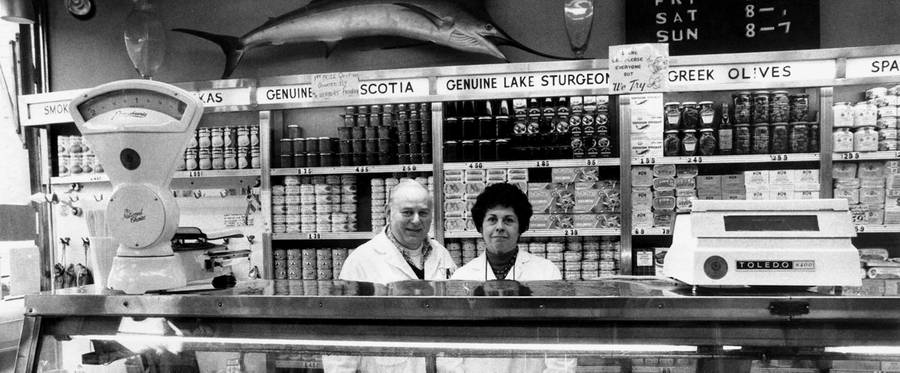 Anne Russ Federman and her late husband Herb Federman behind the counter at Russ & Daughters Appetizers on the Lower East Side.