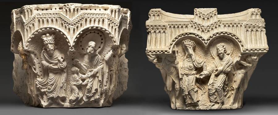 (left) The Saint Matthew Capital (right) The Virgin and Apostle Capital, Early 1170s, Limestone. Terra Sancta Museum, Basilica of the Annunciation, Nazareth
