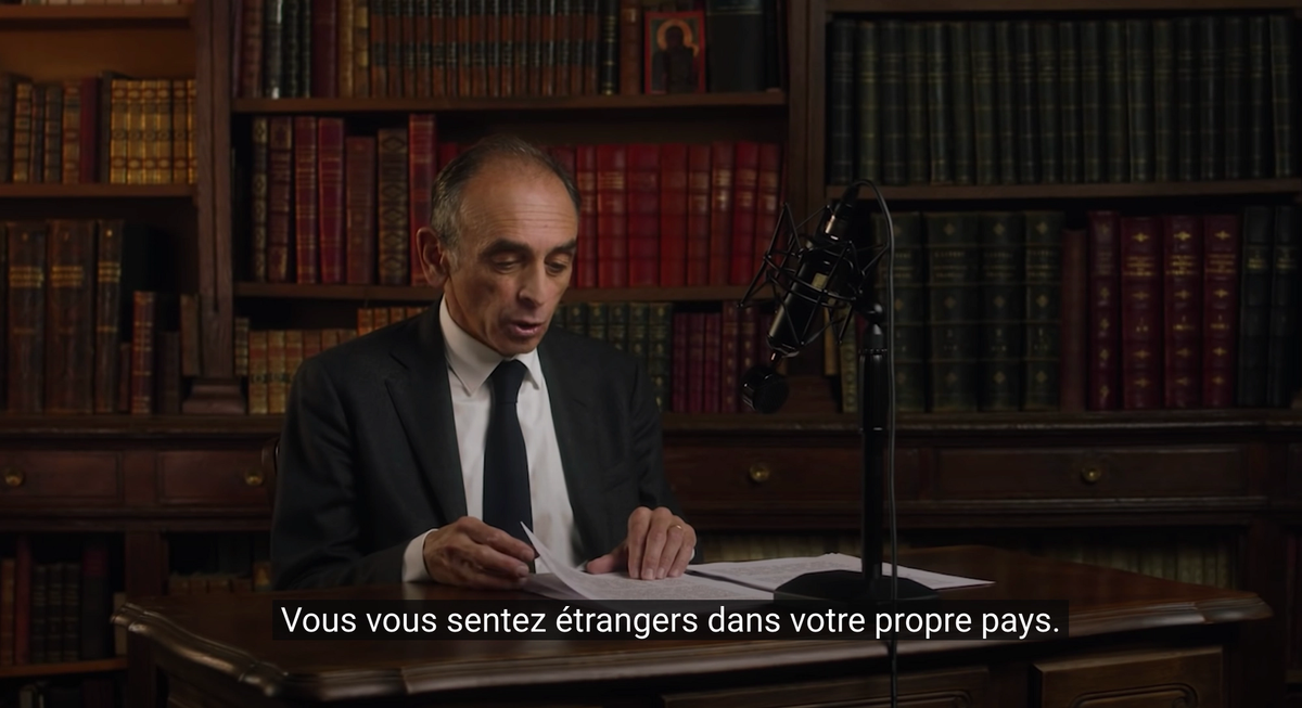 'You feel like strangers in your own country.' Eric Zemmour, seated below a replica of the Black Madonna of Częstochowa, delivers a speech to announce his presidential candidacy in a social media broadcast on Nov. 30, 2021, in Paris. 