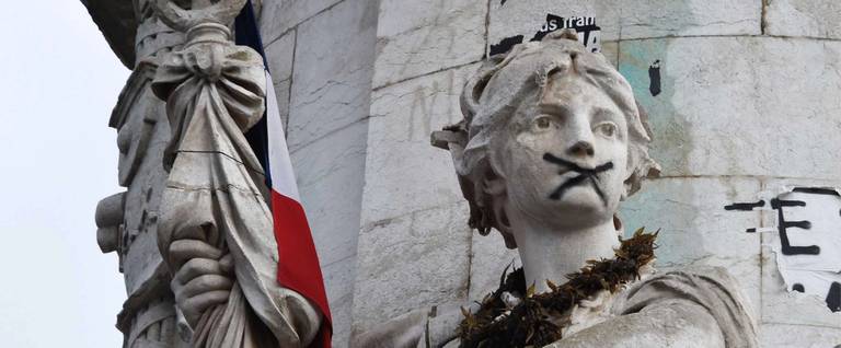 A statue making up part of the central Statue of Marianne is seen at Place de la Republique where a remembrance rally was held on January 10, 2016 to mark a year since 1.6 million people thronged the French capital in a show of unity after attacks on the Charlie Hebdo newspaper and a Jewish supermarket.