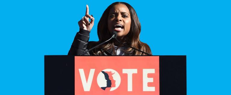 Women's March Co-Chairwoman Tamika D. Mallory speaks during the Women's March 'Power to the Polls' voter registration tour launch at Sam Boyd Stadium on January 21, 2018 in Las Vegas, Nevada. Demonstrators across the nation gathered over the weekend, one year after the historic Women's March on Washington, D.C., to protest President Donald Trump's administration and to raise awareness for women's issues.