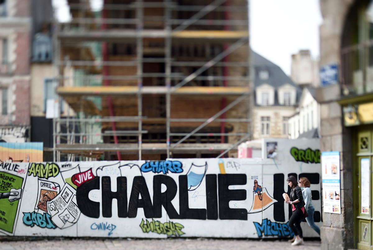 A Hebdo-themed mural in the French western city of Rennes on March 6, 2015.(Damien Meyer/AFP/Getty Images)