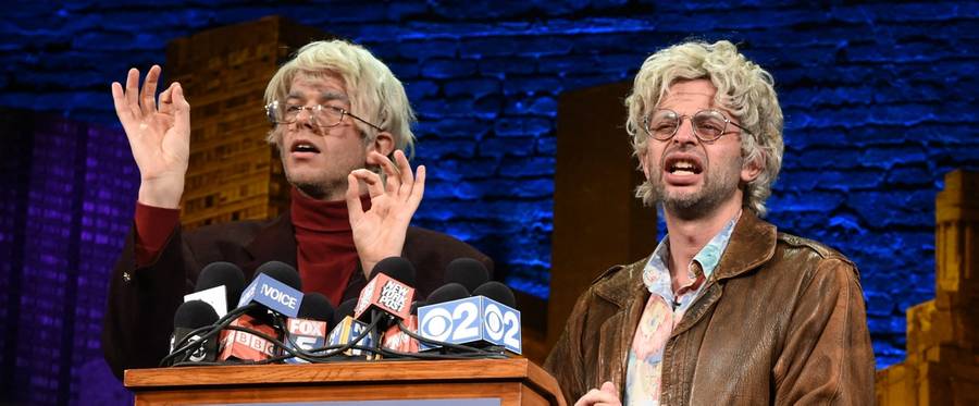John Mulaney and Nick Kroll in character at Cherry Lane Theatre in New York City, December 8, 2015.