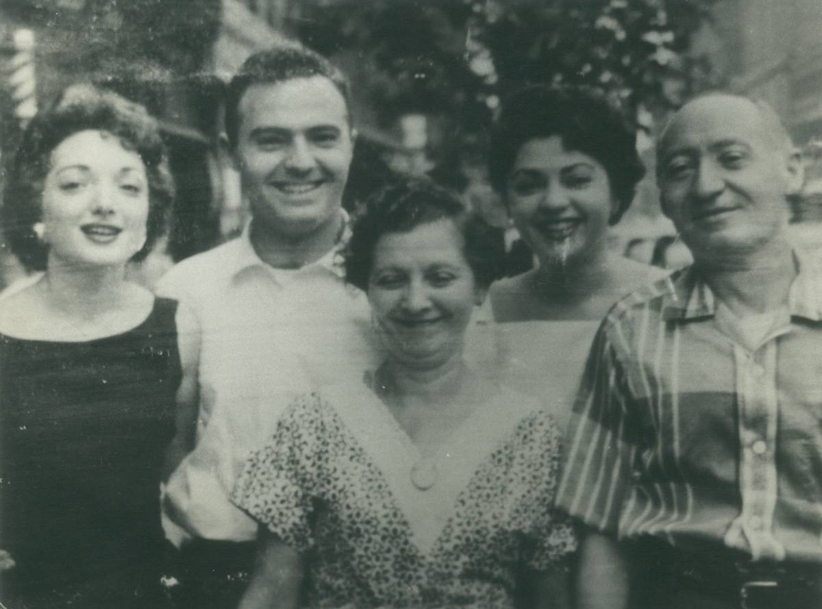 From right, the author's mother,  father, Grandma Yetta, Aunt Shirley, and Grandpa Harry, New York, 1954