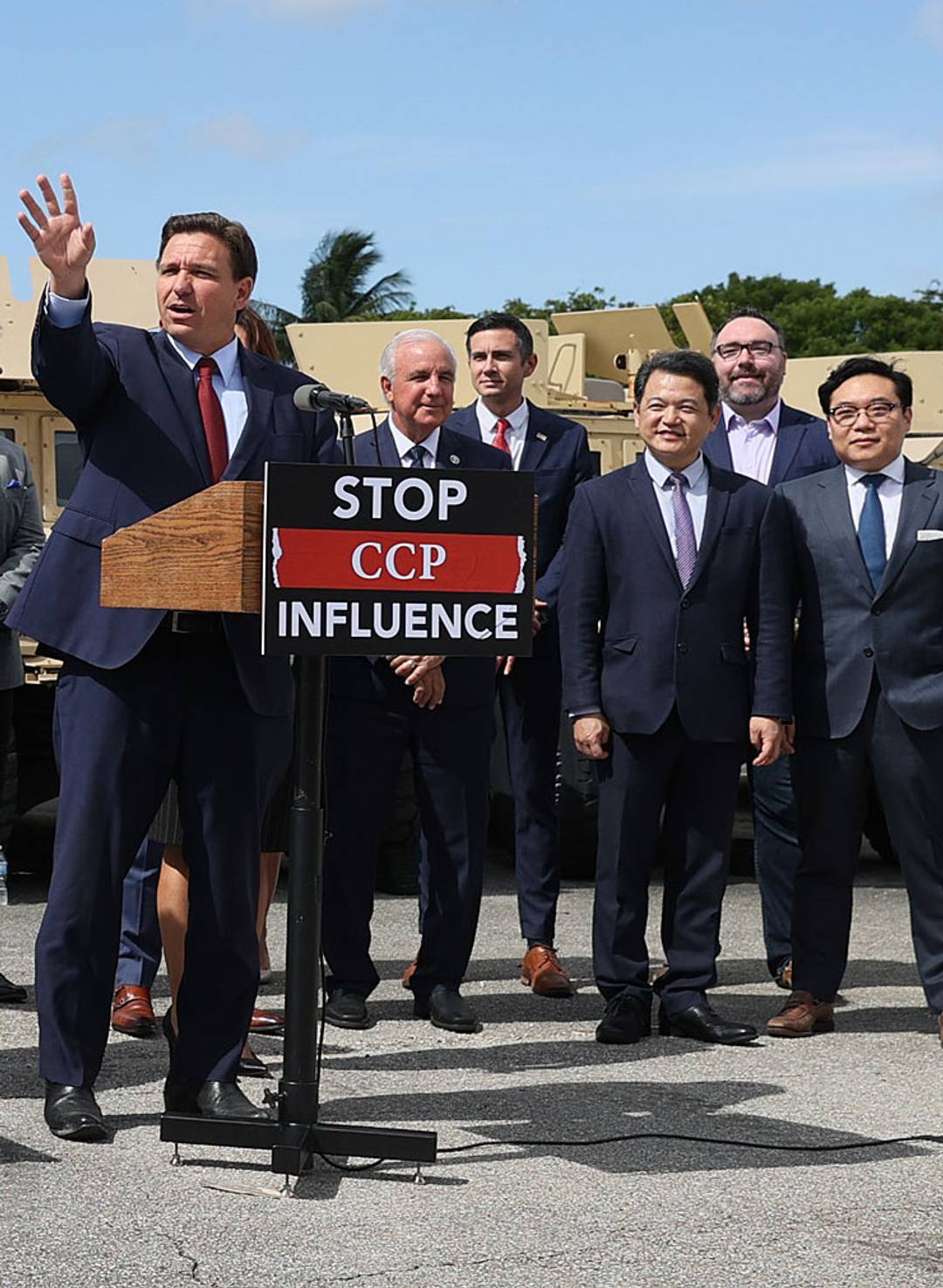 Florida Gov. Ron DeSantis signs two bills to combat foreign influence and corporate espionage, at the Florida National Guard Robert A. Ballard Armory, on June 7, 2021