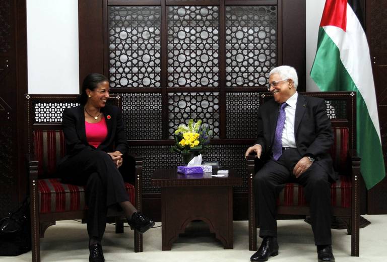 U.S. National Security Adviser Susan Rice at Palestinian President Mahmoud Abbas’ headquarters in Ramallah, May 2014
